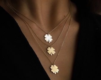 14K Gold Four Leaf Clover Necklace, Dainty Good Luck Pendant, Shamrock Jewelry, Minimalist Gift for Her, St. Patrick's Day Accessory