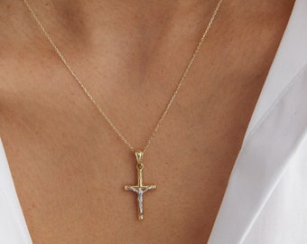 14k Gold Mini Cross Pendant, Thin Chain Necklace, Religious Jewelry, Christening, Dainty Cross Necklace, Small Two-Tone Crucifix Pendant