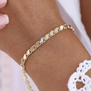 14k Echtgold gespiegelt Kettenarmband, Gold 4 mm Fischgrät Armband, Goldkettenarmband, Gold Sparkle Armband, Gold Mittelkettenarmband