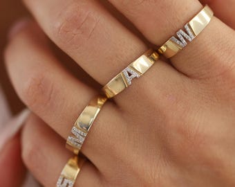 14k Gold Diamond Initial Ring,Gold Letter Signet Ring, Personalized Chain Band, Gold Diamond Gemstone Wedding Band, Promise Ring,Custom Ring