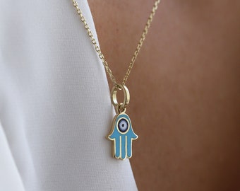 Gold Hamsa Necklace, Mini Hand of Fatima, 14K Gold, Turquoise Hamsa Pendant, Evil Eye, Good Luck, Minimalist Jewelry, Gift for Her