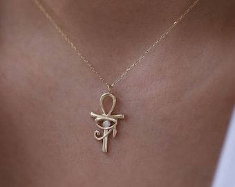 Diamond Cross Ankh Necklace, 14K Gold Ankh Pendant, Minimalist Jewelry, Symbol, Cross, Gift for Her, Dainty Everyday Jewelry, Layering Chain