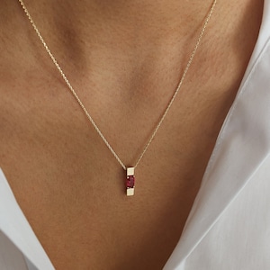 Minimalist Rectangle Gemstone Necklace, 14K Gold, Zirconium Pendant, Ruby, Emerald, Sapphire, Personalized, Colorful Jewelry, Birthstone