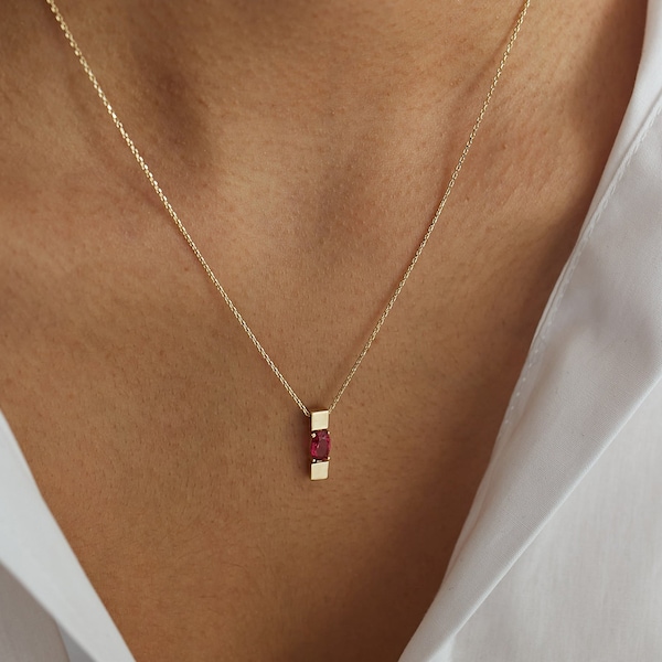 Minimalist Rectangle Gemstone Necklace, 14K Gold, Zirconium Pendant, Ruby, Emerald, Sapphire, Personalized, Colorful Jewelry, Birthstone