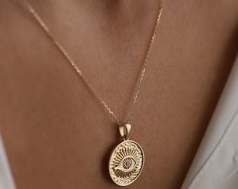 14K Gold Medallion Necklace – Evil Eye Sun Pendant, Handmade