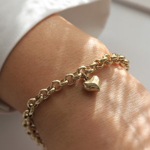 Gold Heart Charm Bracelet, 14k Gold Rolo Chain, Love Bracelet, Minimalist Fine Jewelry, Gift for Her, Everyday Gold Jewelry, Valentine