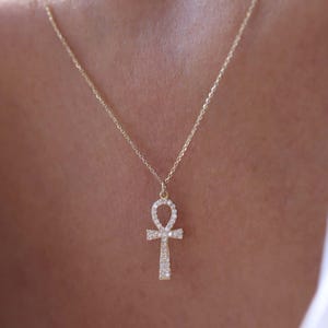 14K Gold Diamond Ankh Necklace, Symbol of Life Pendant