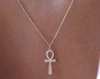 Large Diamond Ankh Necklace, 14K Gold Ankh Pendant, Minimalist Jewelry, Symbol of Life, Cross, Gift for Her, Dainty Everyday Diamond Jewelry