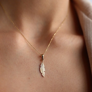 14K Gold Charm Feather Leaf Necklace, Real Gold Jewelry, Gift for Her, Layering Chain, Bohemian,Jewelry, Dainty Chain, White Gold