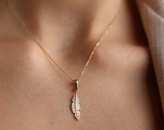 14K Gold Charm Feather Leaf Necklace, Real Gold Jewelry, Gift for Her, Layering Chain, Bohemian,Jewelry, Dainty Chain, White Gold
