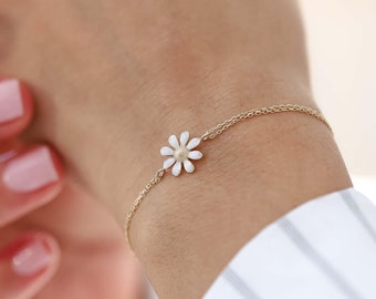 14k Real Gold Daisy Bracelet, Gold Chain Bracelet, Gold