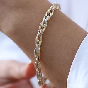 14K Gold Tri Colour Link Chain Bracelet, Mixed Chain Bracelet, Minimalist Jewelry, Chunky Gold Chain, Double Curb Chain, Hallow, Real Gold