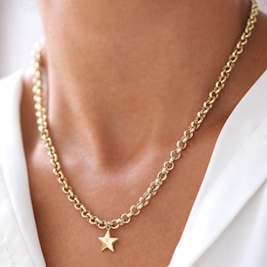 14K Gold Rolo Chain Necklace, Star Charm Pendant, Minimalist Fine Jewelry, Gift for Her, Real Gold Jewelry, Bold Layering Chain, Statement