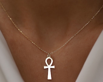 Gold Ankh Necklace, 14K Gold Ankh Pendant, Minimalist Jewelry, Symbol, Cross, Gift for Her, Dainty Everyday Jewelry, Layering Chain