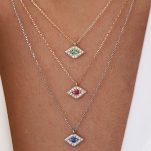 Colgante de diamante para el mal de ojo, esmeralda, rubí y zafiro. Regalo de cumpleaños, joyería minimalista para el día a día, buena suerte, protección. Graduación. Oro de 14 quilates.
