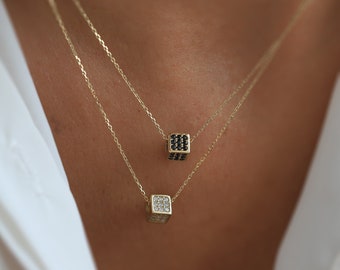 14K Gold Dice Necklace, Gold Cube Pendant, Dainty Layering Chain, Lucky Dice, Gift for Her, Minimal Gold Chain, Everyday Fine Jewelry