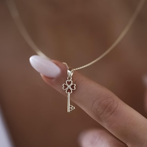 14k Solid Gold Key Necklace, Gold Heart Key Pendant, Elegant Gold Jewelry, Romantic and Meaningful Gift, Mini Key Necklace, Gift For Lover