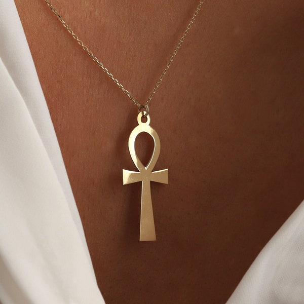 Large Gold Ankh Necklace, 14K Gold Ankh Pendant, Minimalist Jewelry, Symbol, Cross, Gift for Her, Dainty Everyday Jewelry, Layering Chain