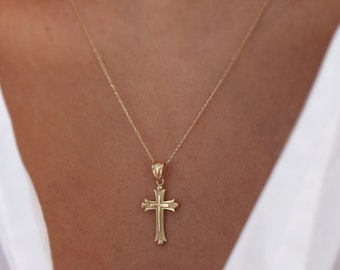 14K Gold Bold Cross Pendant, Modern Cross Necklace, Dainty Gold Chain, Baptism, Graduation Gift, Gift for Her, Gold Layering Chain, Minimal