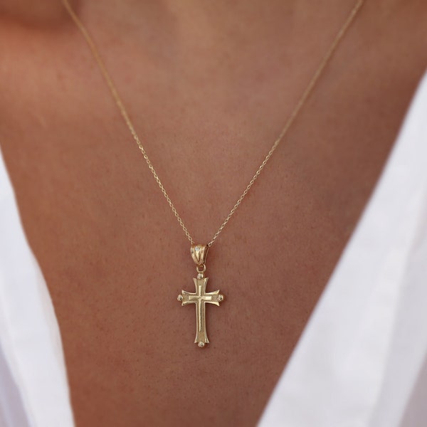 14K Gold Bold Cross Pendant, Modern Cross Necklace, Dainty Gold Chain, Baptism, Graduation Gift, Gift for Her, Gold Layering Chain, Minimal