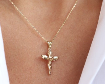 14k Solid Gold Angel Pendant Necklace: Handmade Cherub Jewelry