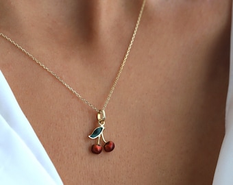 14K Gold Cherry Pendant, Dainty Gold Necklace, Layering Chain, Gift for Her, Everyday Gold Jewelry, Minimalist, Birthday Present, Charm