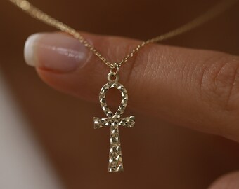 Hammered Effect Gold Ankh Necklace, 14K Gold, Minimalist Jewelry, Symbol, Cross, Gift for Her, Dainty Everyday Jewelry, Layering Chain