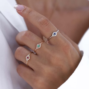 Diamond Evil Eye Ring: 14K Gold, Gemstone Center, Protection Jewelry