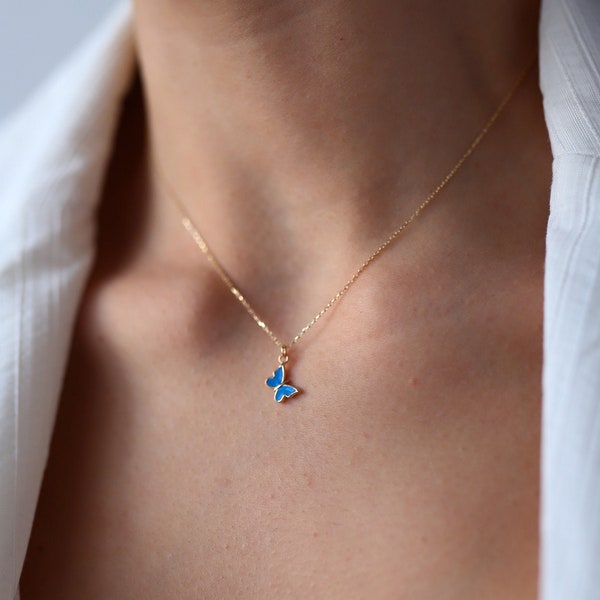 Collier papillon bleu délicat, pendentif en émail, or 14 carats, cadeau pour elle, Saint-Valentin, fête des mères, bijoux colorés, turquoise