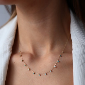 Turquoise Bead Necklace, Real Gold, 14K, Layering Necklace, Mother&#39;s Day, Minimalist Jewelry, Gift for Her, Summer Jewelry, Bezel Choker