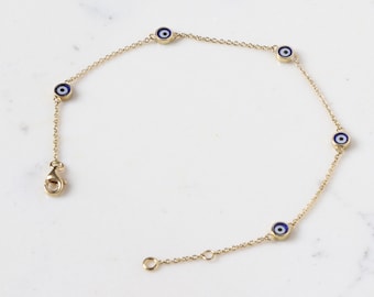 14K Gold Evil Eye Chain Bracelet: Turquoise or Navy Enamel