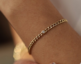 Diamond 0.10 Carat 14K Gold 3mm Curb Chain Bracelet, Diamond Bezel, Dainty Bracelet, Cuban Link, Stacking Jewelry, Gift for Her, Valentine's