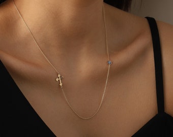 Gold Cross & Evil Eye Minimalist Necklace, Dainty 14K Gold Cross Chain, Gift for Her, Birthday Gift, Confirmation