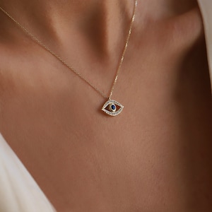 14K Gold Evil Eye Pendant, Pavé Zircon Diamonds, Minimalist Necklace, Evil Eye Pendant, Gift for Her, Layering Necklace