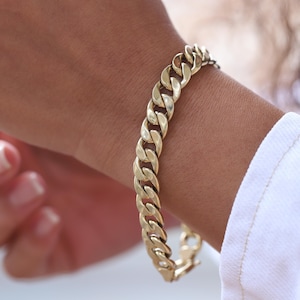 14K Gold 10mm Curb Chain Bracelet, Gold Cuban Link Chain Bracelet, Gold Chain Bracelet, Chunky Retro Chain, Bold Link Chain, Gift for Her