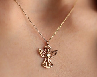 14K Gold Lace Detail Angel Necklace, Guardian Angel, Good Luck Charm, Gold Layering Chain, Dainty Jewelry, Gift for Her, Birthday Present