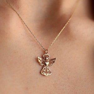 14K Gold Lace Detail Angel Necklace, Guardian Angel, Good Luck Charm, Gold Layering Chain, Dainty Jewelry, Gift for Her, Birthday Present