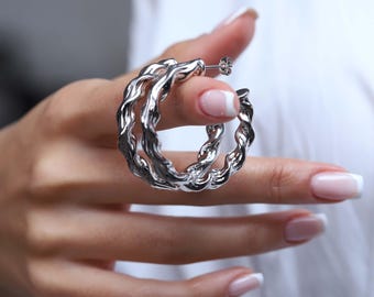 925 Sterling Silver Croissant Hoop Earrings, Twisted Statement Hoop Earrings, Chunky Summer Trend Jewelry for Women