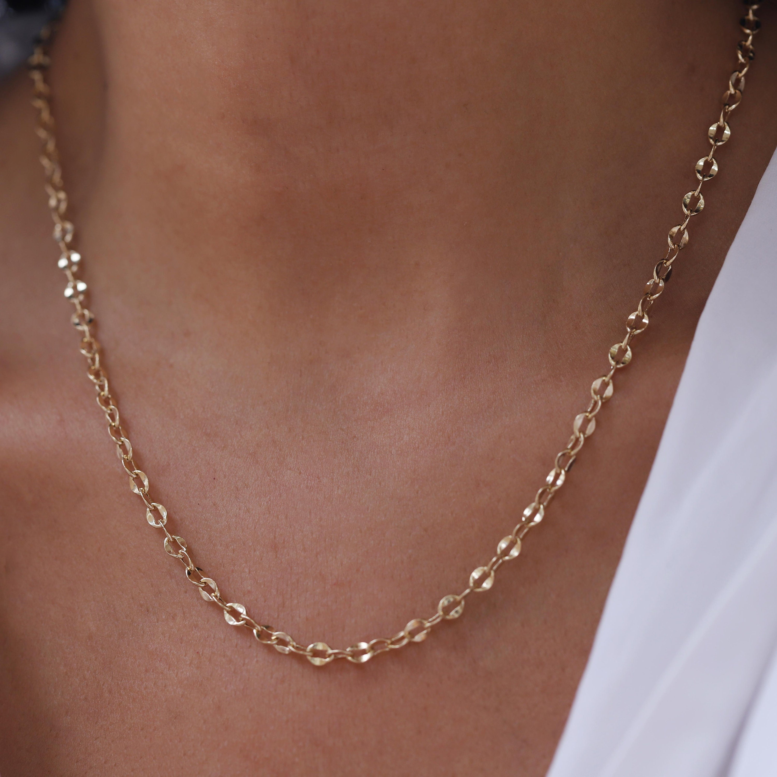 14K Gold 3.7mm Oval Link Chain Necklace, Shimmer Chain 14K Gold 3.7mm Oval Link Chain Necklace, Shimmer Chain