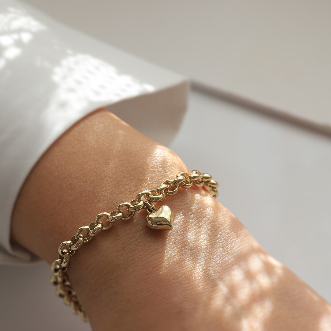 Gold Heart Charm Bracelet, 14k Gold Rolo Chain, Love Bracelet