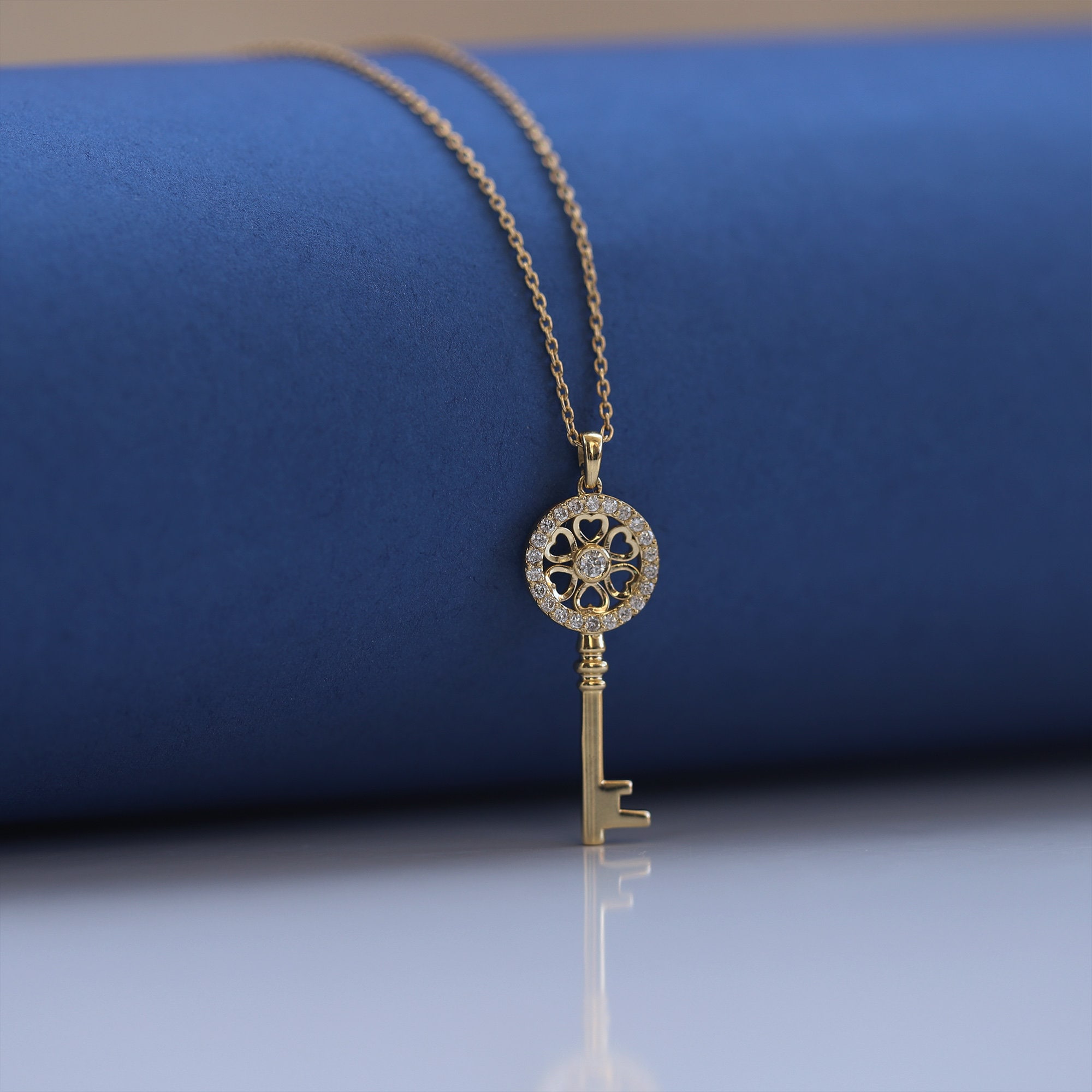 Diamond Key Necklace 14K Gold Key Pendant Rose Gold White - Etsy