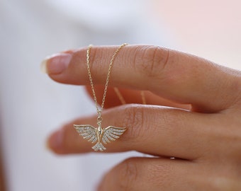 14K Gold Diamond Phoenix Bird Necklace, Fire Bird Necklace, Simurgh Pendant, Good Luck Charm,  Layering Chain,Gift for Her, Mythical Jewelry