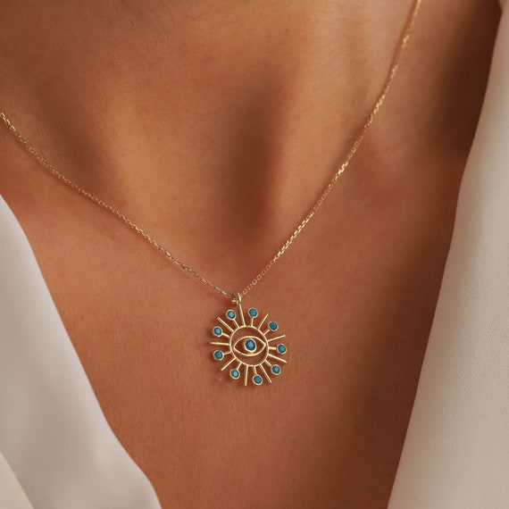 14K Gold Sun Shaped Evil Eye Necklace 