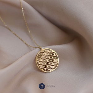 14k gouden hanger levensbloem, rozet met zes bloembladen, cadeau voor haar, minimalistische gouden sieraden, gelaagde ketting, gouden medaillon, symbool van Perun,