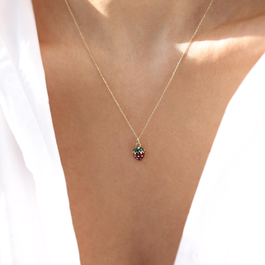 14k Gold Strawberry Necklace, Gold Strawberry Enamel Necklace, Mini