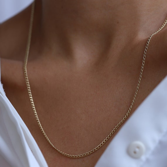 14K Gold Thin Curb Chain Necklace Real 