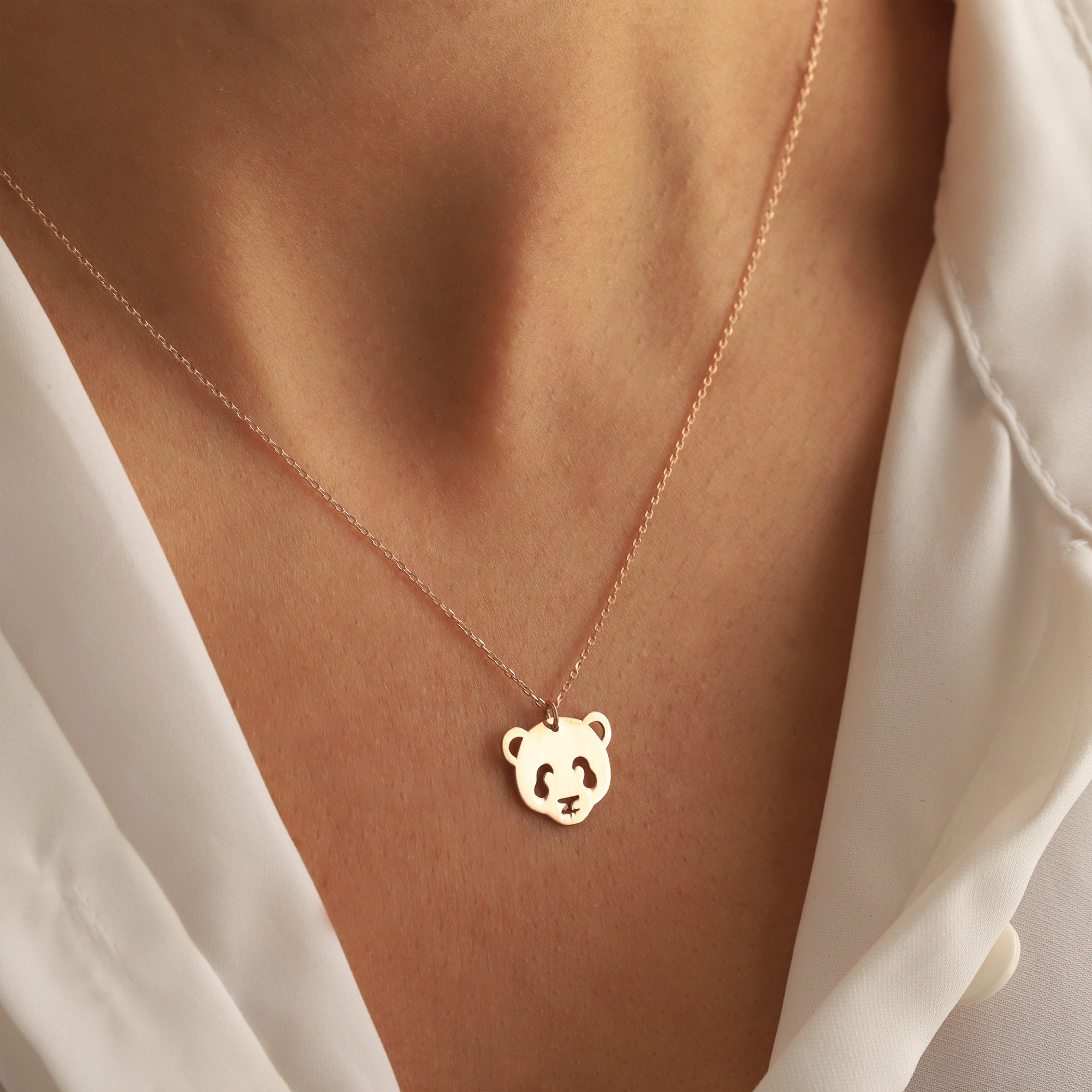 Panda Necklace, 14K Gold, Dainty Bear Pendant, Minimalist Layering