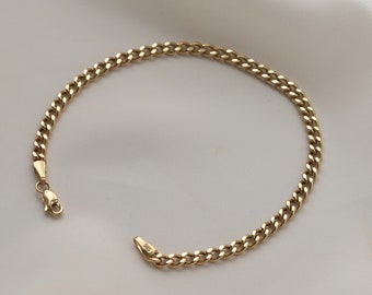 14K Gold 3mm Curb Chain Bracelet, Gold Chain Bracelet, Dainty Chain Bracelet, Cuban Link Bracelet, Stacking Jewelry, Gift for Her