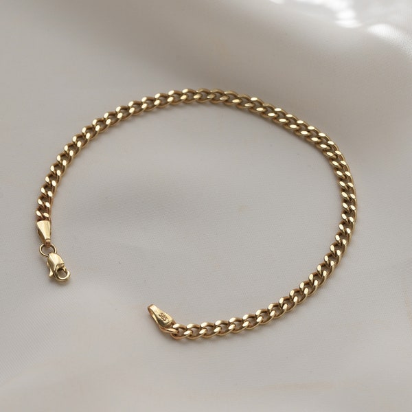 14K Gold 3mm Curb Chain Bracelet, Gold Chain Bracelet, Dainty Chain Bracelet, Cuban Link Bracelet, Stacking Jewelry, Gift for Her
