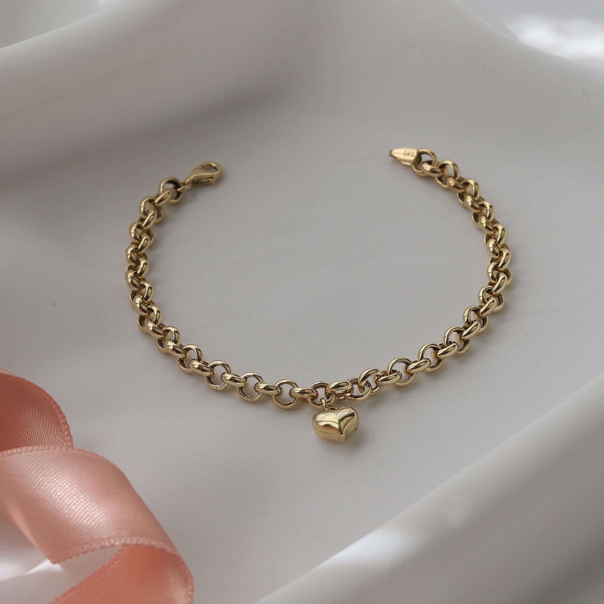 Gold Heart Charm Bracelet 14k Gold Rolo Chain Love Bracelet - Etsy